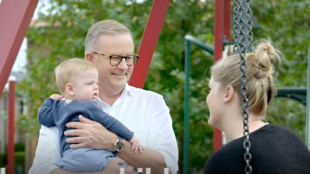 Anthony Albanese shows his parenting skills in a Labor election ad. 