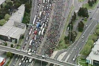 A still from footage of protesters blocking the West Gate Freeway.
