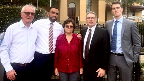 Neil Wilkins (left), stepfather of police shooting victim Todd McKenzie, with Todd’s mother, June Wilkins, and solicitors from the National Justice Project.