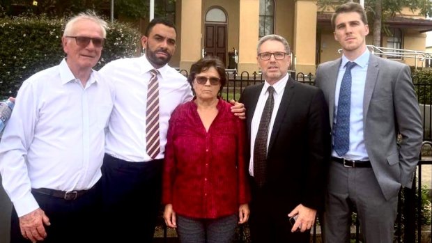 Neil Wilkins (left), stepfather of police shooting victim Todd McKenzie, with Todd’s mother, June Wilkins, and solicitors from the National Justice Project.