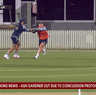Cricketers Ash Gardner and Georgia Wareham collide in pre-match warm ups.