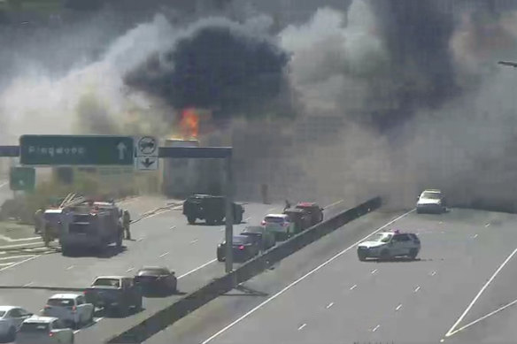 Smoke billowing from the burning truck on the Eastern Freeway.
