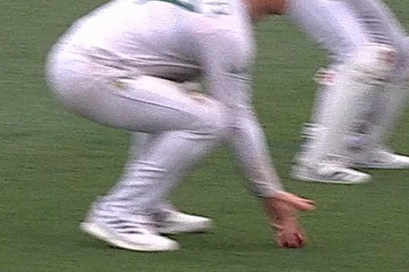 Simon Harmer claims a catch after a Marnus Labuschagne edge at the SCG.