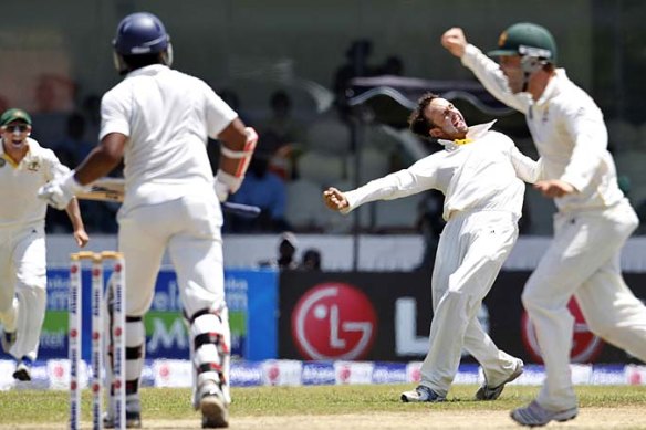 Nathan Lyon gets Kumar Sangakkara with his first ball in Test cricket.