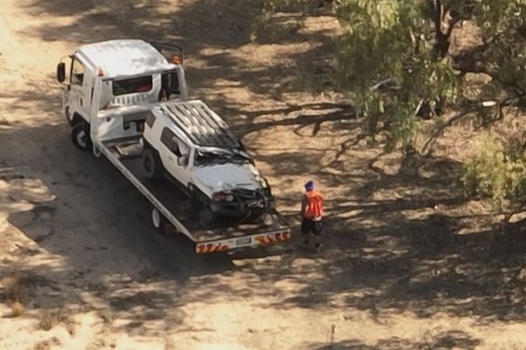 The stolen FJ Cruiser being towed after the crash that killed a teenage boy.