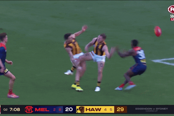 Melbourne’s Kysaiah Pickett was tripped in the goal square but the umpires didn’t pay a free kick as his team went to half-time trailing Hawthorn by one point in their round nine match at the MCG.