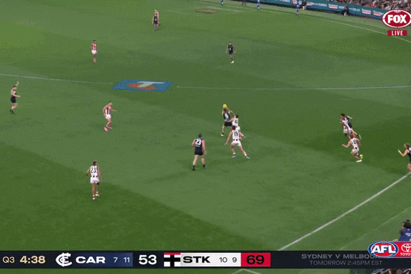 Carlton skipper Patrick Cripps is caught holding the ball, leading to a St Kilda goal in the third quarter at Marvel Stadium this year.
