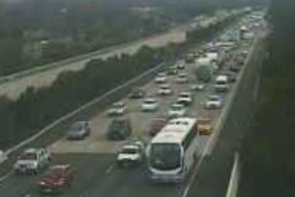 Southbound lanes on the Pacific Motorway were clogged in Helensvale just after 10.30am.