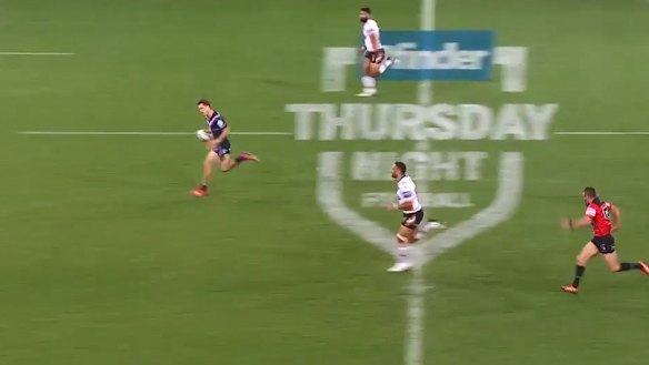 Ryan Papenhuyzen sprints away for a spectacular 80-metre solo try against Wests Tigers on Thursday night.