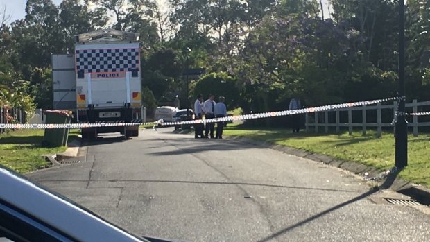 Police at the scene of Kym Cobby’s 2017 death in Worongary in the Gold Coast hinterland.