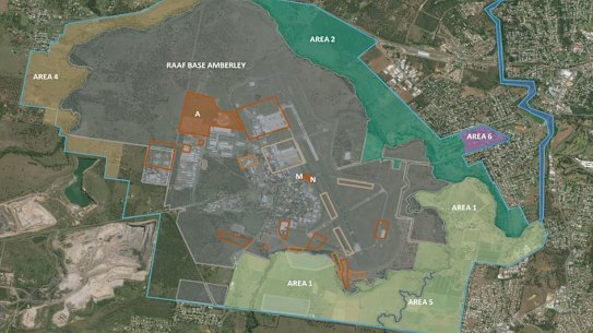 Areas of PFAS contamination at RAAF Base Amberley and areas which should be further investigated.