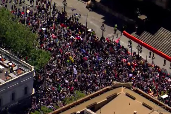 Aerial shots of protesters in Melbourne on Saturday from the Nine News helicopter.