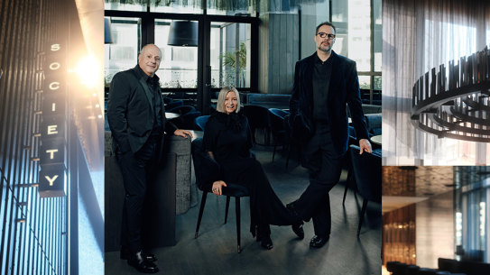 The man behind Society, Chris Lucas; chef Martin Benn and his wife, Vicki Wild at the new Melbourne dining precinct. 