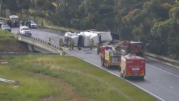 The truck rolled on the overpass at Keilor.