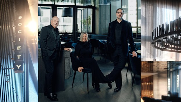 The man behind Society, Chris Lucas; chef Martin Benn and his wife, Vicki Wild at the new Melbourne dining precinct. 