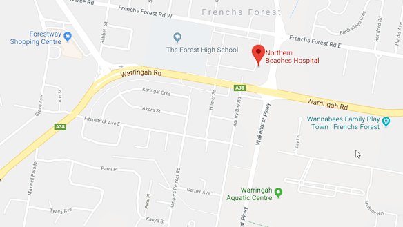 Frenchs Forest, showing the sites of the Northern Beaches Hospital, The Forest High School, Forestway Shopping Centre and Warringah Aquatic Centre.