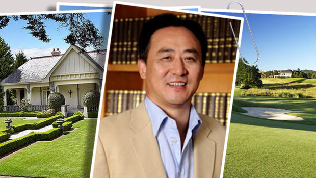 Wang Hua with the house in St Georges Road, Toorak he bought  for $18.5 milllion in 2013 and the Heritage Golf and Country Club in Chirnside Park.
