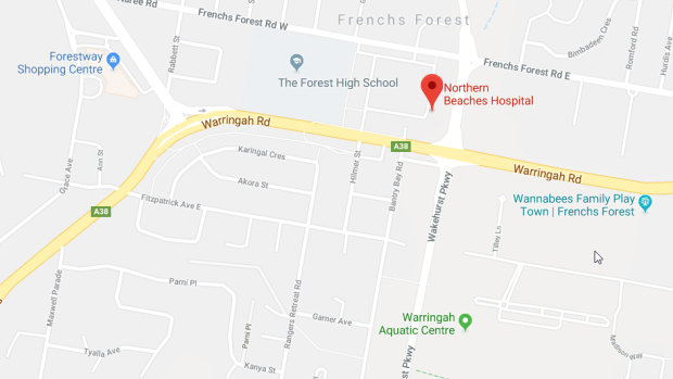 Frenchs Forest, showing the sites of the Northern Beaches Hospital, The Forest High School, Forestway Shopping Centre and Warringah Aquatic Centre.