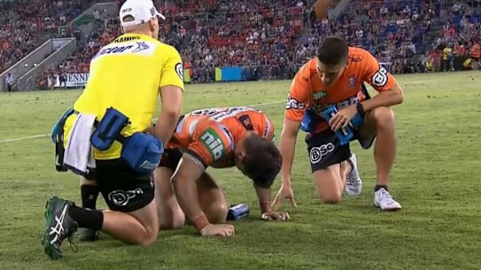 Newcastle's Aidan Guerra has appeared to have broken his leg in a gruesome incident against Manly.