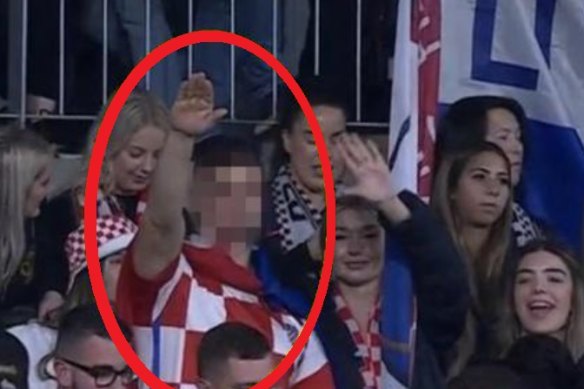 Dominik Sieben made the salute at a Sydney Australia Cup final match between Sydney United 58FC and Macarthur FC in October 2022.