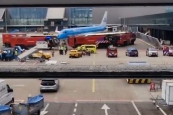 A photo of the KLM plane on the tarmac at Schiphol Airport in The Netherlands.