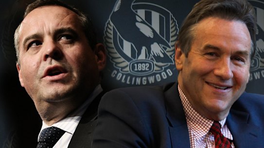 Collingwood president Mark Korda (left) and challenger Jeff Browne.