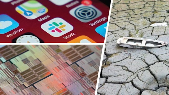 The production of the computer chips (pictured bottom left) that drive smartphones, laptops and cars is being affected by a severe drought in Taiwan.