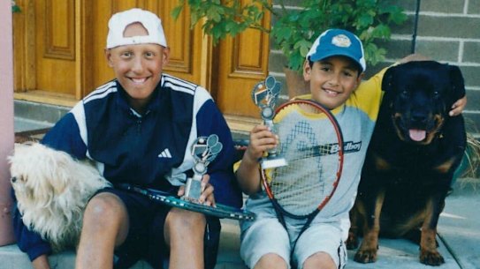 Christos and Nick Kyrgios outside their family home in Canberra as kids.