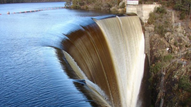 Hydro Tasmania's Devils Gate Dam spill. The state is tracking well to meet its target for 100 per cent renewable energy, including hydro power, by 2022.