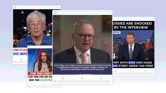 A collection of Facebook posts showing AI-generated scam ads.