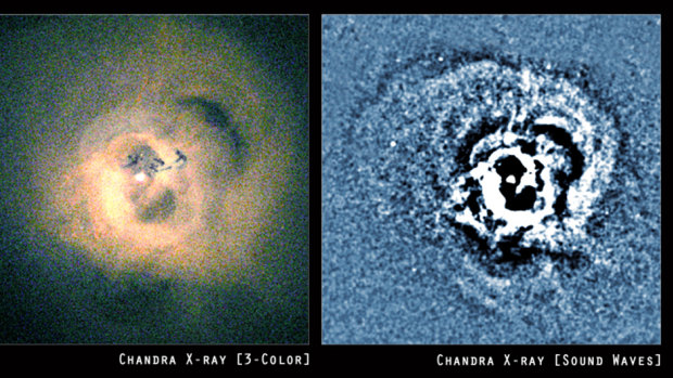 The sound is emanating from the Perseus Cluster, a giant clump of galaxies some 250 million light-years from Earth.