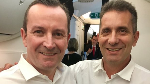 Premier Mark McGowan and Tourism Minister Paul Papalia on the first non-stop flight from Perth to London, which cost taxpayers $53,000.