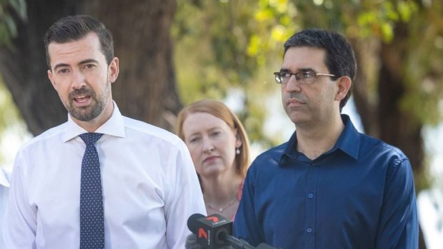 WA Opposition Leader Zak Kirkup at an election campaign announcement with party powerbroker Nick Goiran looking on.