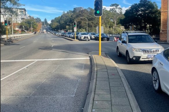 Traffic on St George’s Terrace this morning. 