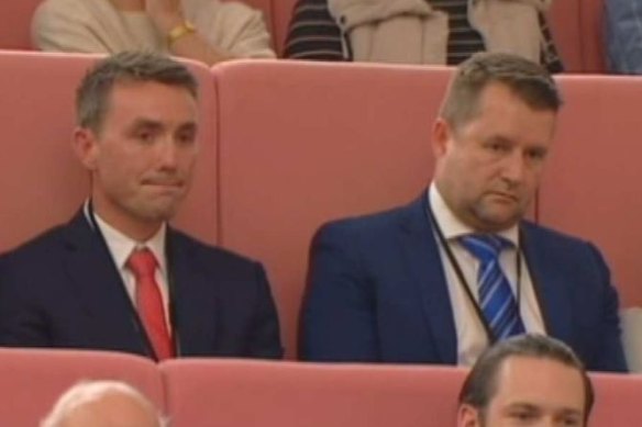 Bill McNee (right) in the federal parliament at Pauline Hanson's maiden speech in 2017, with One Nation adviser James Ashby (left). 