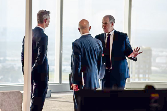 (L-R) Federal Parramatta MP Andrew Charlton, ABC chair Kim Williams and managing director David Anderson in the ABC’s new Parramatta offices.