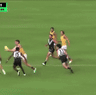 Sam Powell-Pepper collides with Adelaide’s Mark Keane, who was concussed in the incident.