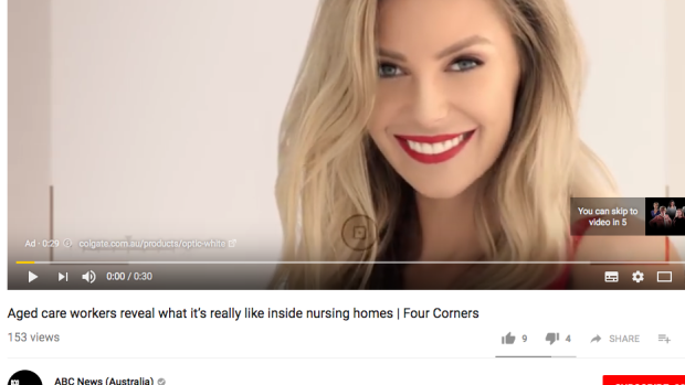 Big name companies such as Colgate are advertising around ABC programs such as Four Corners via YouTube.