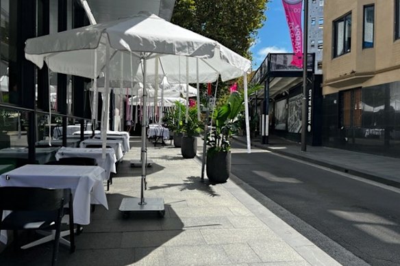 A submission to the City of Sydney Council complained about pot plants on the footpath outside Lady Chu restaurant on Roslyn Street, Potts Point. Here seen from the opposite angle.