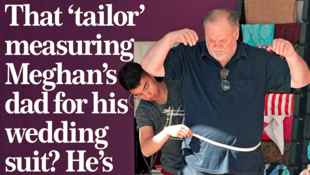 The cover of the Mail on Sunday showing Thomas Markle, Meagan Markle's father, being fitted for a suit.