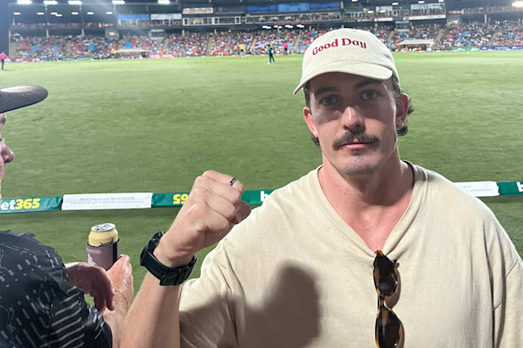 Harry Gill after taking his superb catch at the first T20 international match between Australia and South Africa in Darwin.