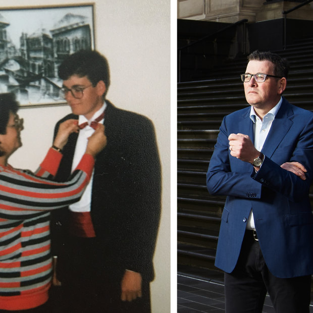 Andrews with his mother, getting ready for his year 10 formal; and as Premier: his 2014 election makeover transformed him from dorky Daniel to dapper Dan.
