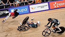 (L-R) Jadian Neaves and Matthew Dobbins fall while Marshall Erwood of Team New Zealand (L) competes.