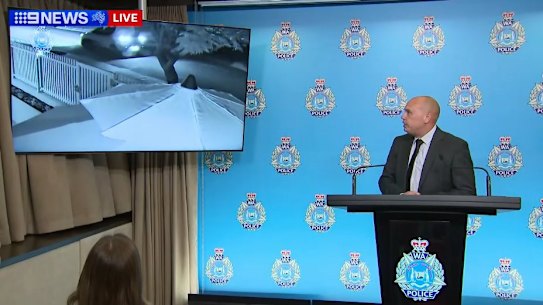 WA Police Detective First Class Constable Andre Ferreira showing media CCTV of the suspects’ vehicle.