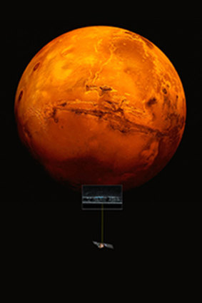 Artistic impression of the Mars Express spacecraft probing he southern hemisphere of Mars. Superimposed is a mosaic of a portion of Planum Australe.