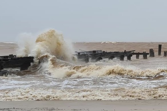 The sea swallows the historic prawning jetty at Carnarvon. 