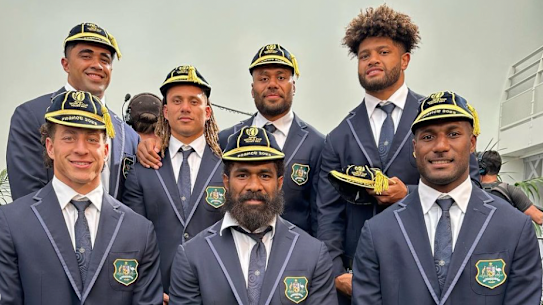 Wallabies players with Fijian heritage (L-R) Mark Nawaqanitawase, Langi Gleeson, Issak Fines-Leleiwasa, Marika Koroibete, Samu Kerevi, Rob Valetini, Suliasi Vunivalu. 
