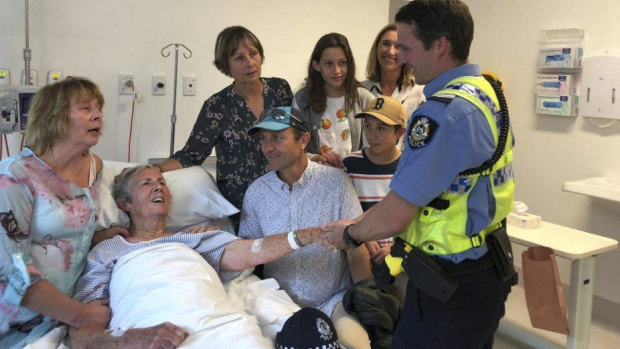 84-year-old Patricia Byrne and the WA police officer who rescued her.