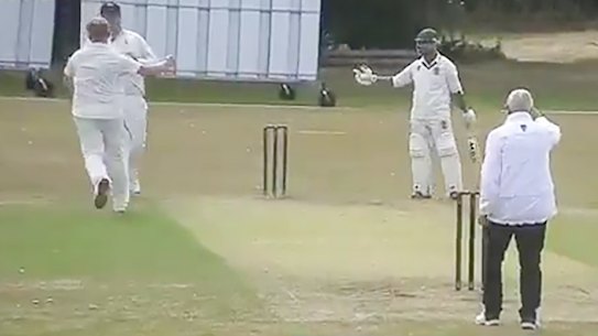 Saltburn celebrates a wicket.
