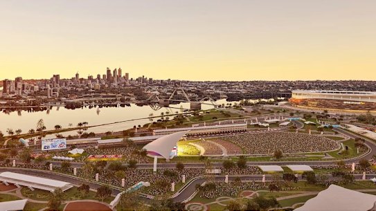 January artist impression of the Perth street circuit and amphitheatre on the Burswood peninsula.